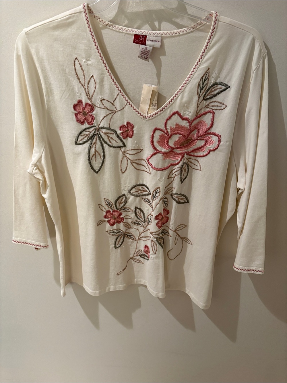 JM Collection Cream V-Neck Top with Pink Floral Embroidery